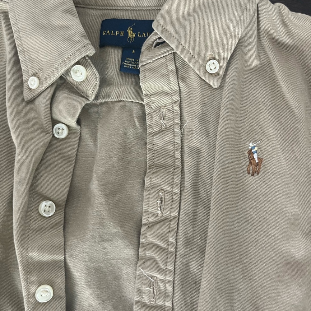 Ralph Lauren girls dress. Khaki with ribbon belt. Size 8.